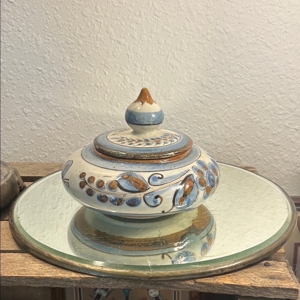 Handcrafted Ceramic Lidded Jar - Blue and Brown Cottage Core